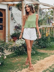 Breezaya Solid Casual Ruffle Hem Top For Summer - Green - View 3