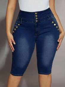 高腰加按扣拉鍊緊身牛仔褲 - 深色水洗藍 - 查看 1