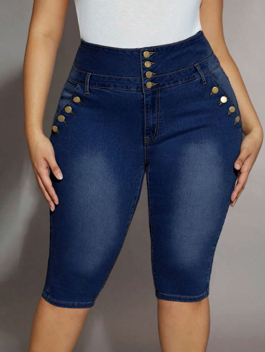 高腰加按扣拉鍊緊身牛仔褲 - 深色水洗藍 - 查看 1