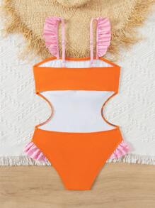 Tween Girl's Cartoon Printed One-Piece Swimsuit With Spaghetti Straps, Ruffle Detailing And Open Back - Multicolor - View 2