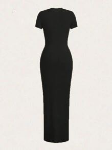 SHEIN 大尺碼女裝純色簡約短袖日常連身緊身長裙，有肋紋 - 黑色 - 查看 2