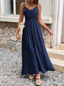 SHEIN Frenchy Detail Waist And Lace Splicing Swing Cami Dress For Vacation Summer Casual Blue - Navy Blue - View 3