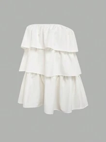 INAWLY Blusa de mujer de verano casual de unicolor con volantes y sin tirantes - Blanco - Ver 8