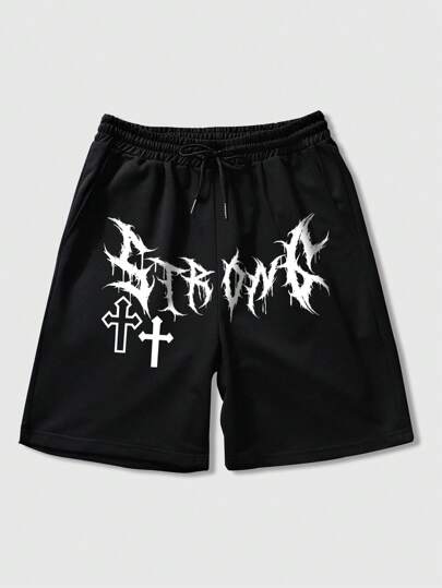 Goth Men Cross Letter Graphic Drawstring Waist Shorts
