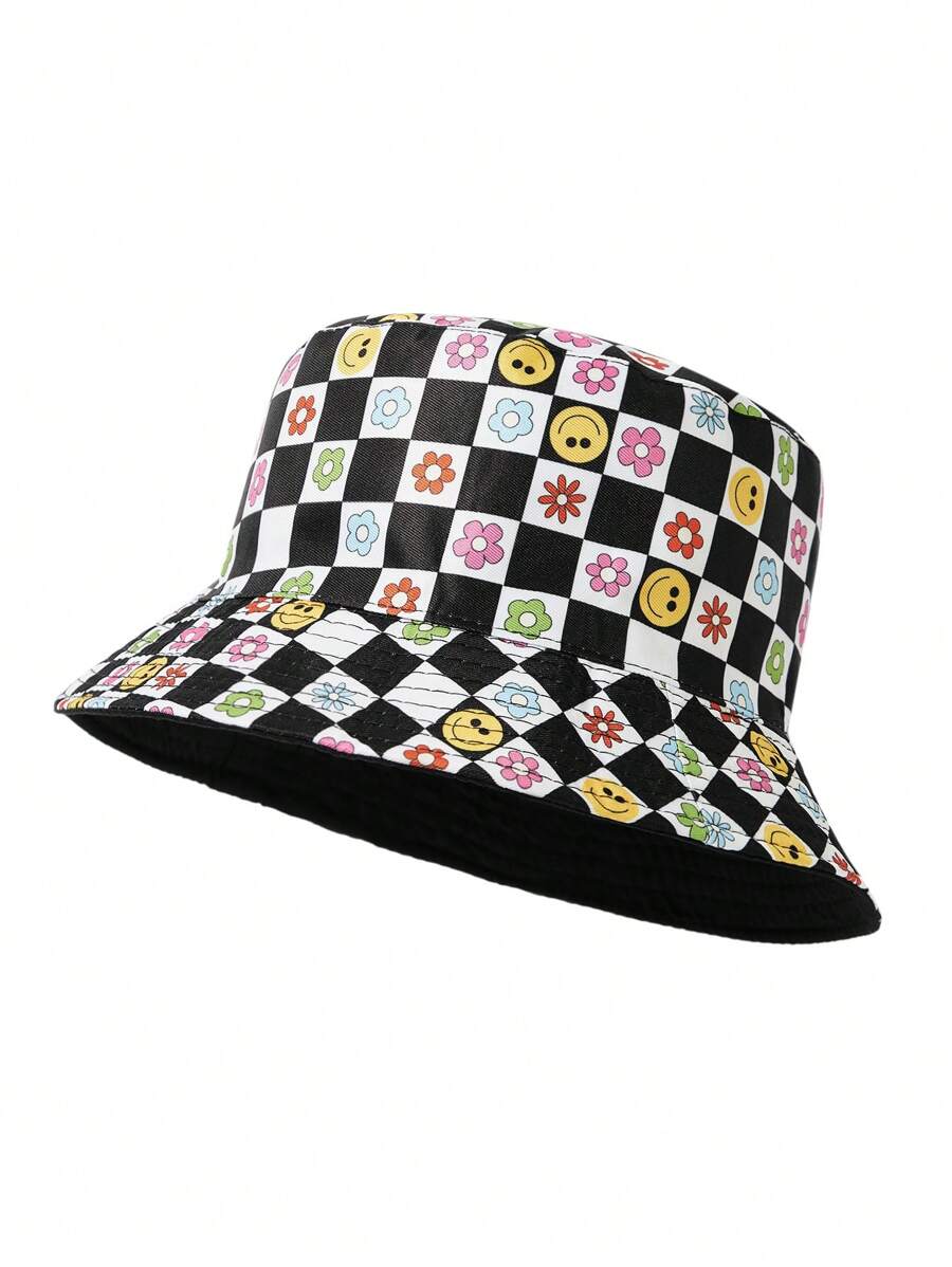 themindfulbutterflyy Nghệ sĩ phong cách đường phố Checkerboard Mẫu khuôn mặt cười Mũ xô có thể đảo ngược dành cho nam giới - Nhiều màu - Xem 1
