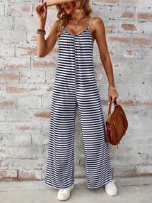 SHEIN LUNE 夏季女士褶邊領，條紋和花卉印花，舒適，休閒，假日，側口袋，無袖連身褲 - 彩色 - 查看 3