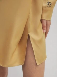 BizChic Damen elegantes Satinkleid mit Revers, Langarm, für Büro und Geschäft, formelle Arbeitskleidung - Gelb - Übersicht 9