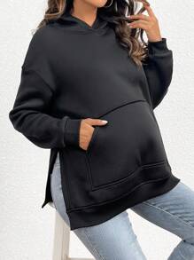 SHEIN Maternity Kangaroo Pocket Drop Shoulder Split Hem Sweatshirt With Long Sleeve, For Winter - Black - View 3
