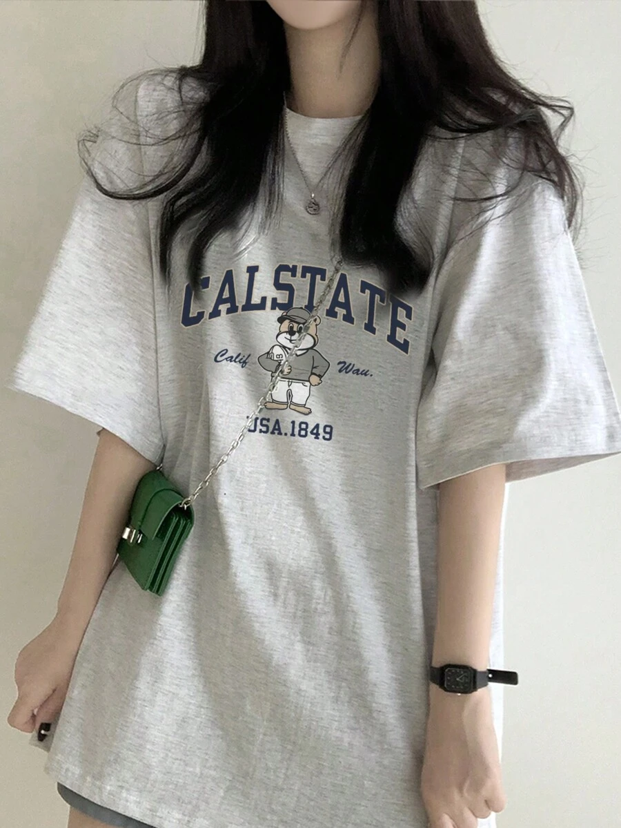 Women Summer Casual Loose Letter & Cartoon Print Round Neck Short Sleeve T-Shirt, Versatile Design - Light Grey - View 1