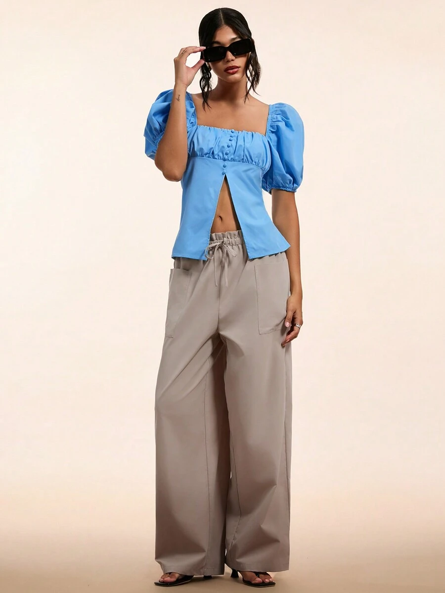 Forever 21 夏季、秋季和冬季女士蓝色可爱/学院风/基本款/紧身/外出/娃娃装/返校/合身/休闲风格衬衫/泡泡袖上衣 - 藍色 - 查看 1