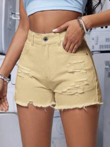 SHEIN PETITE 破洞原色毛邊牛仔短褲，小碼女款 - 卡其色 - 查看 4