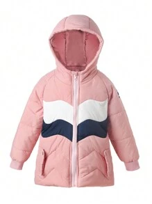 SHEIN Meninas da criança casual minimalista manga raglan solto contraste cor design falso bolso gola alta grossa à prova de vento quente jaqueta de inverno