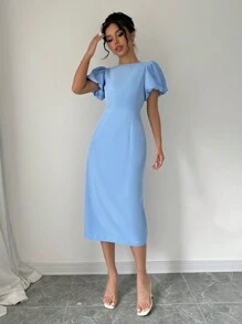 Elenzga 夏季纯色泡泡袖开衩淡蓝色连衣裙长款女装