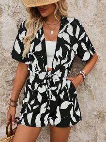 Breezaya Kurzarm Allover Muster Top und Shorts mit Knoten vorne, Freizeitkleidung