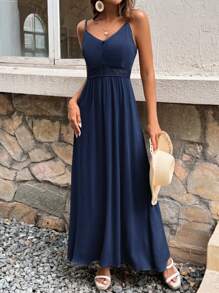 SHEIN Frenchy Detail Waist And Lace Splicing Swing Cami Dress For Vacation Summer Casual Blue - Navy Blue - View 5