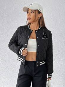 SHEIN PETITE 字母貼布條紋修飾拼接棉夾克運動外套 - 黑色 - 查看 3