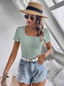 SHEIN Clasi Áo thun nữ tay ngắn cổ vuông màu trơn mùa hè kiểu dáng ôm vừa vặn - Màu xanh Bạc hà - Xem 3