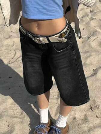 Y2K 复古水洗斜插口袋猫须喇叭百慕大牛仔裤，及膝牛仔短裤，休闲七分裤