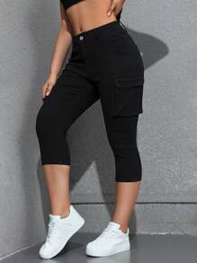 SHEIN EZwear Solid Color Skinny Denim Pants With Pockets For Summer - Black - View 5