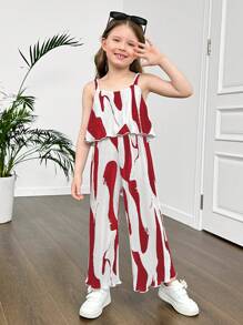 SHEIN Young Girl Wide Strap Asymmetric Pattern Jumpsuit With Ruffled Fabric - Red - View 5