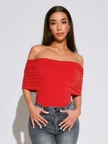 SHEIN SXY Autumn Women's Red Clothing Tight-Fitting Off Shoulder Top - Red - View 5