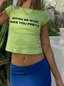 INAWLY Kvinnors sommarslogan tryckt rundhalsad kortärmad avskuren Casual T-shirt HATAR MIG KOMMER INTE GÖRA DIG GÄTT SNYGG Grafiska T-shirts Dam Toppar - Grön - Visa 4