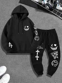 Manfinity EMRG Men's Cartoon Graphic Long Sleeve Hoodie And Drawstring Jogger Pants Set With Pockets, Casual Going Out Track Suit