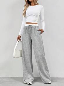 SHEIN Tall Quần ống rộng eo màu tương phản của nữ - Xám - Xem 7