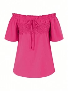 SHEIN LUNE Off Shoulder Guipure Lace Panel Frill Trim Knot Front Blouse - Hot Pink - View 2