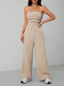SHEIN PETITE Women's Apricot Solid Color Knitted Ribbed Fabric Strapless Jumpsuit - Khaki - View 5