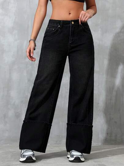 SHEIN EZwear 纯色黑色休闲直筒牛仔裤，带口袋