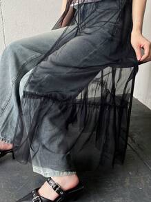 FRIFUL Women's Spaghetti Strap See-Through Mesh Dress With Front Tie,Casual Women Dresses - Black - View 7