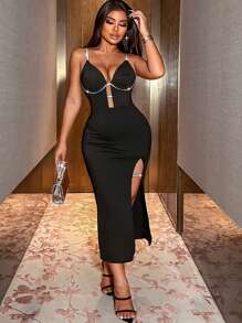 Allurite Sexy Glittery Strappy Hollow Out Slit Dress Maxi Women Outfit