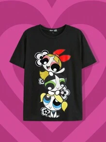 THE POWERPUFF GIRLS X SHEIN 女士休闲宽松圆领超大街头花卉、泡泡、毛茛图案黑色短袖 T 恤，适合夏季