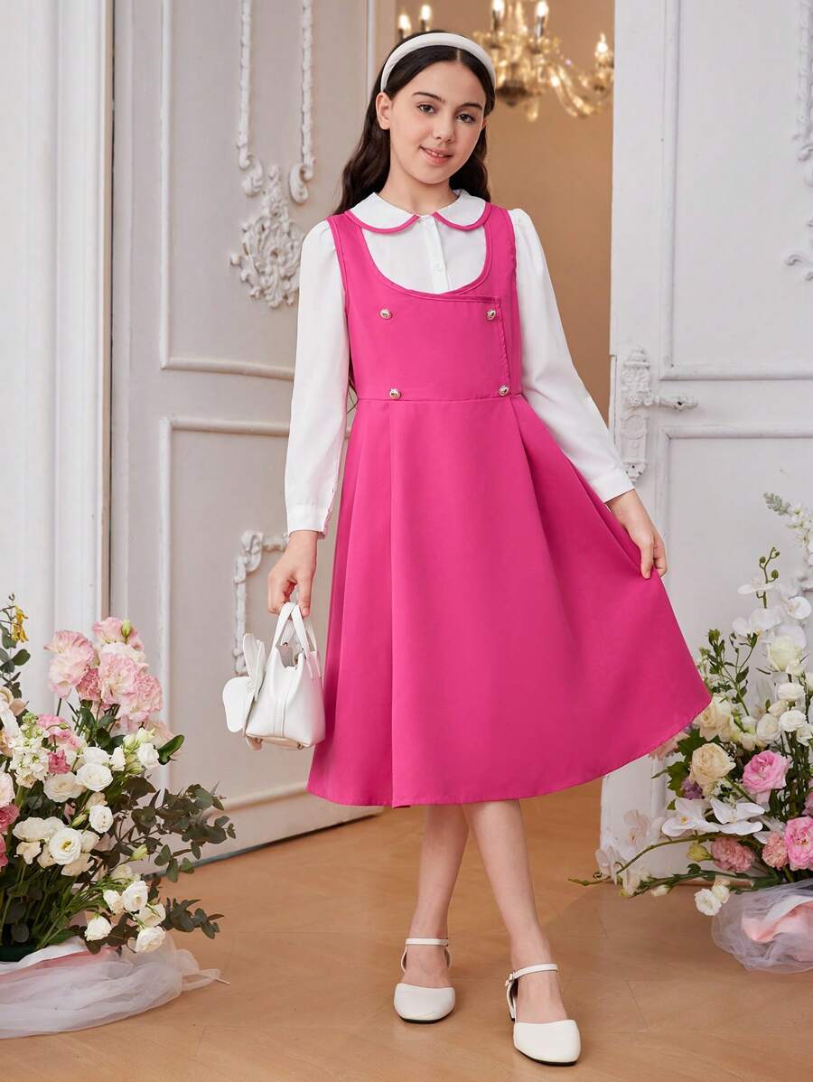 Tween Girl Round Neck Shirt + Double Breasted Dress Set, Style - Hot Pink - View 1