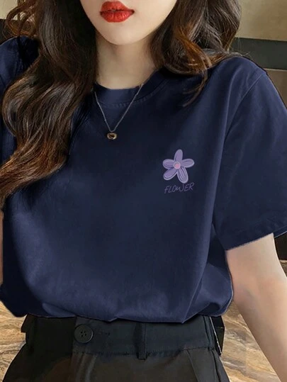 女士夏季字母与花卉印花圆领落肩宽松休闲短袖 T 恤