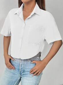 SHEIN LUNE 夏季纯色纽扣前落肩衬衫、短袖上衣