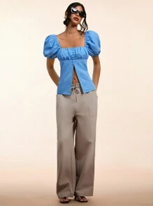 Forever 21 夏季、秋季和冬季女士蓝色可爱/学院风/基本款/紧身/外出/娃娃装/返校/合身/休闲风格衬衫/泡泡袖上衣 - 藍色 - 查看 8