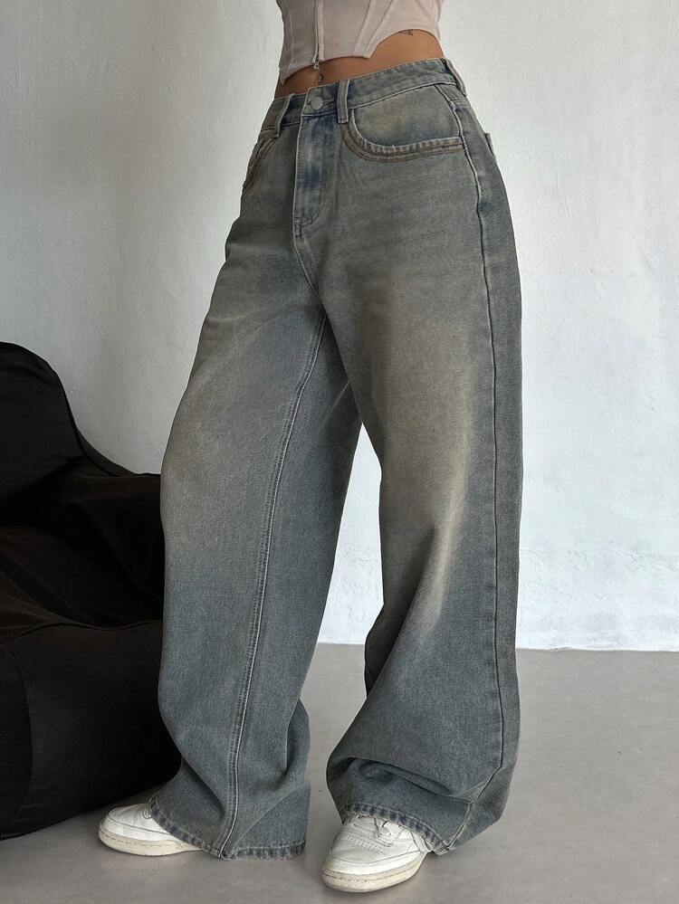 Slant Pocket Wide Leg Jeans,Baggy Jeans