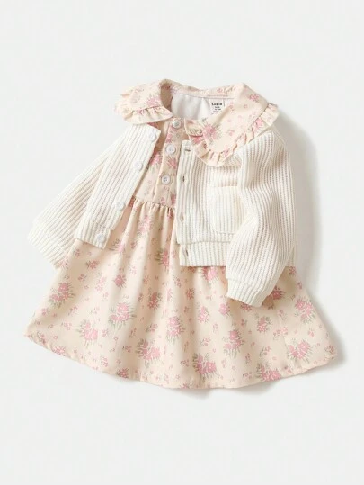 SHEIN Playful Pals 2 件装女婴春秋复古花卉连衣裙和针织开衫套装