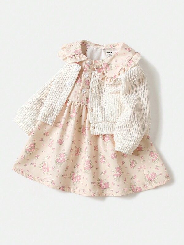 2pcs Baby Girls Spring/Autumn Vintage Floral Dress & Knit Cardigan Set