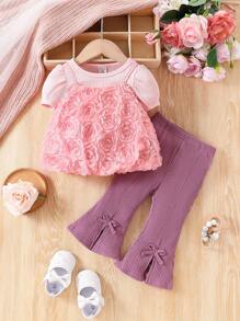 时尚可爱女婴优雅 3D 花朵玫瑰拼布泡泡袖上衣和纯色喇叭裤套装 - 粉色 - 查看 1