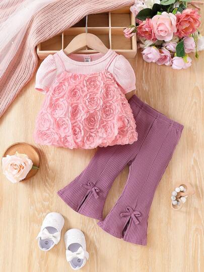 时尚可爱女婴优雅 3D 花朵玫瑰拼布泡泡袖上衣和纯色喇叭裤套装