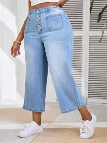 Firerie Pantalones vaqueros rectos de tiro alto y pierna ancha de talla grande en azul, aptos para uso casual y vacaciones