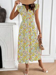 SHEIN LUNE V-Neck Allover Print Dress With Full Hem Ruffles (Random Cutting Print) - Baby Blue - View 4