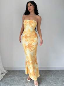 Elenzga Elegant Floral Printed Backless Mermaid Strapless Dress For Summer Maxi Women Outfit - Yellow - View 5