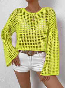 Breezaya Suéter de moda para mujer con cuello redondo, tejido de malla y diseño de huecos - Amarillo - Ver 5