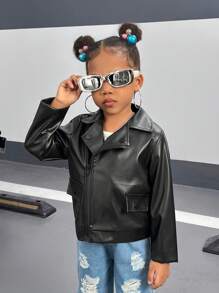 SHEIN Explorewe 2 buc/Set fete fete tinere stradă, negru, motocicletă, jachetă din piele PU, haină și ținută cu pantaloni denim rupti albastru deschis, potrivite pentru toamna/iarna - Negru - Vizualizare 5