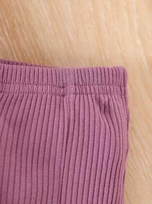 时尚可爱女婴优雅 3D 花朵玫瑰拼布泡泡袖上衣和纯色喇叭裤套装 - 粉色 - 查看 7