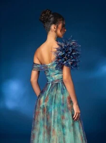 Glamrae 优雅蓝色渐变网眼浪漫花卉数码印花肩部夸张 3D 花朵腰部高腰连衣裙，适合约会、度假、单身派对、毕业典礼、婚礼、特殊场合、正式晚宴、宴会舞会晚会婚礼宾客礼服 - 彩色 - 查看 5